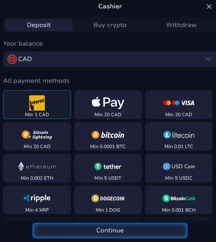 7Bit Casino cashier with a CAD balance showing Interac minimum deposit of 1 CAD, Visa at 20 CAD, and crypto options